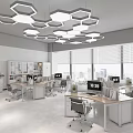 Modern Office Interior With Hexagonal Pendant Lights Desks Ergonomic Chairs Computers And Windows 3d model