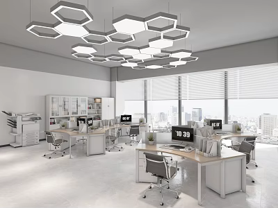 Modern Office Interior With Hexagonal Pendant Lights Desks Ergonomic Chairs Computers And Windows 3d model