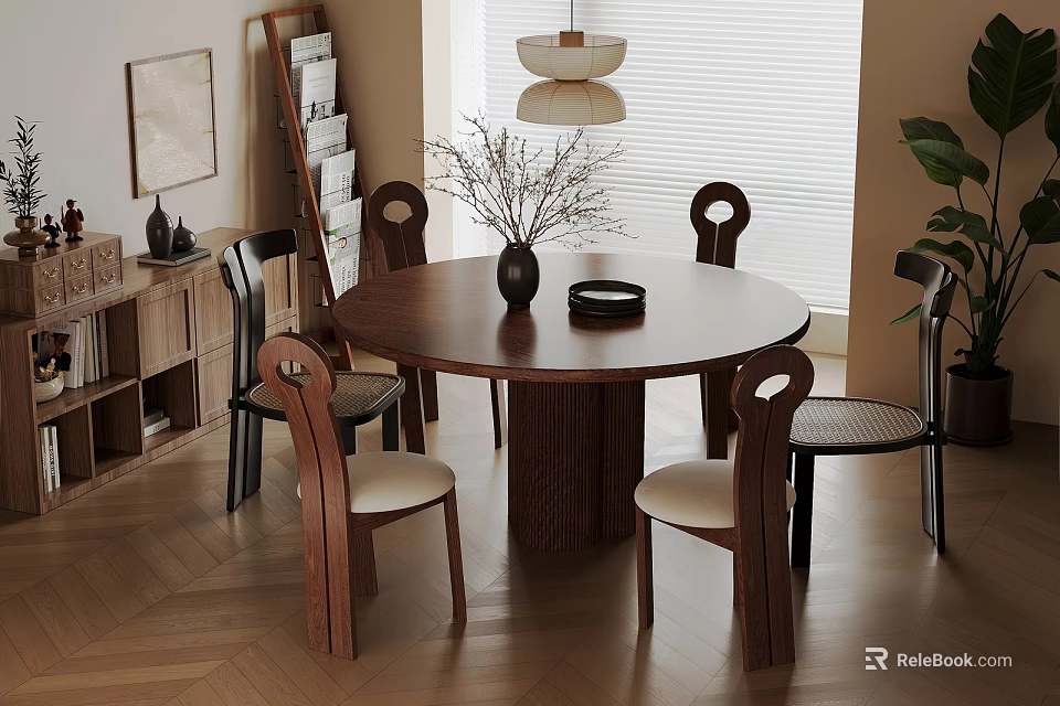 Cozy Restaurant Interior Featuring Round Wooden Table Chairs With White Seats And Herringbone Floor 3d model 