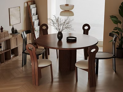 Cozy Restaurant Interior Featuring Round Wooden Table Chairs With White Seats And Herringbone Floor 3d model