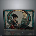 Art Nouveau Stained Glass Panel With Elegant Female Figure And Ornate Circular Patterns