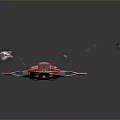 Futuristic Red Spaceship Engaging In Battle With Exploding Debris And Lasers 3d model