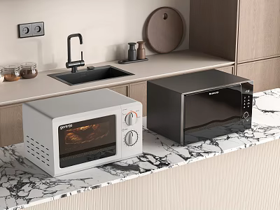 Modern Kitchen Countertop With White Toaster Oven And Black Microwave Appliances 3d model