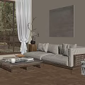Modern Living Room Interior With Beige Sofa Wooden Coffee Table Window Blinds And Abstract Painting
