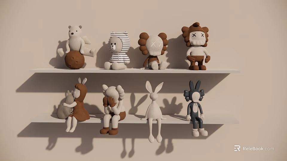 Plush Dolls With Various Animal Designs Displayed On White Shelves 3d model 