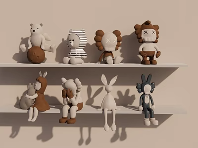 Plush Dolls With Various Animal Designs Displayed On White Shelves 3d model
