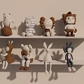 Plush Dolls With Various Animal Designs Displayed On White Shelves