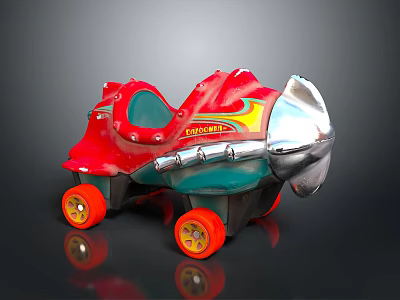 Vintage Red Metal Toy Car With Airplane Design And Yellow Wheels 3d model