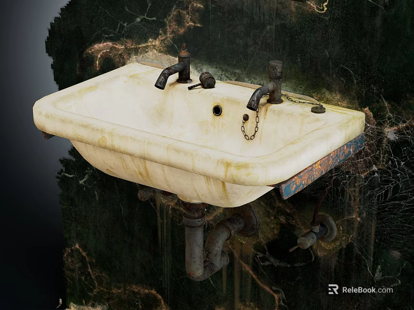 Vintage Ceramic Washbasin With Double Faucets Stained Surface And Exposed Pipes 3d model 