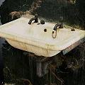 Vintage Ceramic Washbasin With Double Faucets Stained Surface And Exposed Pipes