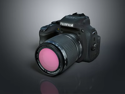 Fujifilm Black Camera Body With Pink Filter Lens On Reflective Surface 3d model