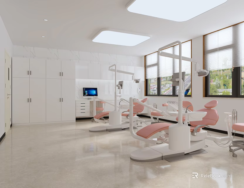 Modern White Dental Clinic Interior With Pink Dental Chairs Equipment And Windows 3d model 