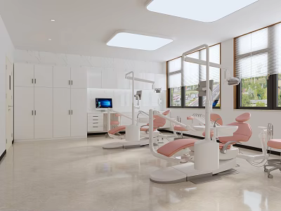 Modern White Dental Clinic Interior With Pink Dental Chairs Equipment And Windows 3d model