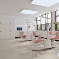 Modern White Dental Clinic Interior With Pink Dental Chairs Equipment And Windows