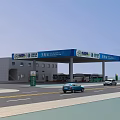 Gas Station With Blue Roof White Building Fuel Pumps And Vehicles Near Road