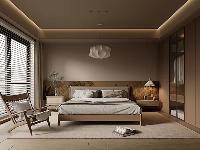 Modern Warm Bedroom With Wooden Bed Pendant Light Nightstand And Window Blinds 3d model