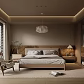 Modern Warm Bedroom With Wooden Bed Pendant Light Nightstand And Window Blinds
