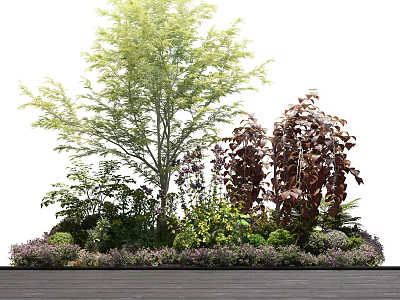 Colorful Garden Plants Featuring Green Tree Shrubs And Low Purple Flowers On Wooden Floor 3d model