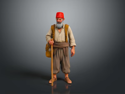 Bearded Man Wearing Red Turban and Traditional Clothing with Walking Stick and Bag 3d model