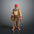 Bearded Man Wearing Red Turban and Traditional Clothing with Walking Stick and Bag