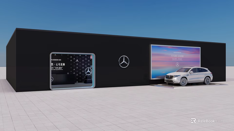 Mercedes Benz Car Display With Black Wall Large Screen And White Vehicle 3d model 