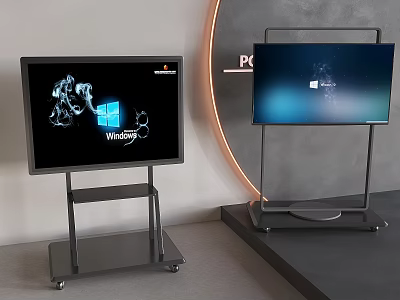 Modern Televisions on Metal Stands with Screens Displaying Digital Content and Curved Lighting 3d model