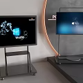 Modern Televisions on Metal Stands with Screens Displaying Digital Content and Curved Lighting