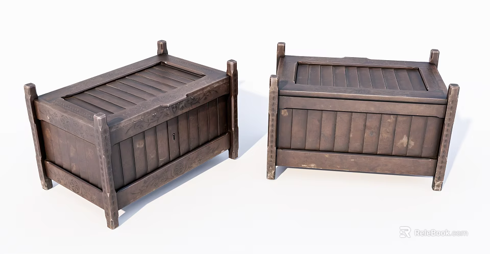 Vintage Dark Brown Wooden Trunks With Striped Lids And Solid Construction 3d model 