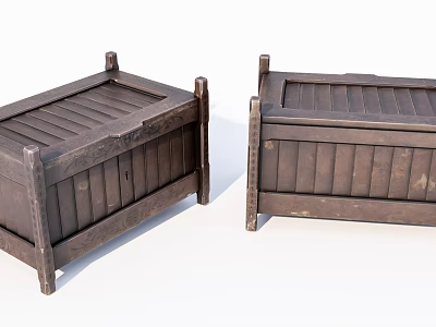 Vintage Dark Brown Wooden Trunks With Striped Lids And Solid Construction 3d model