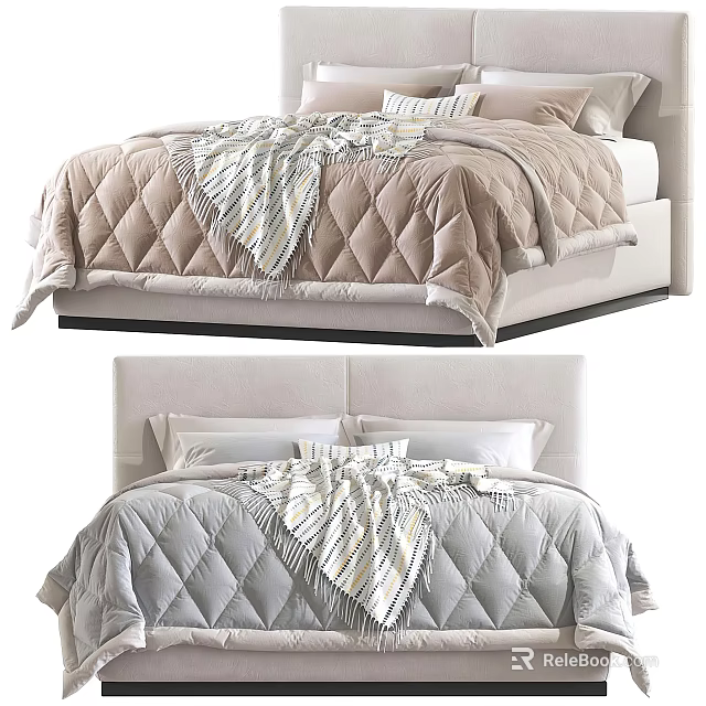 Double Bed With Quilted Comforter Striped Blanket Pillows And Light Colored Headboard 3d model