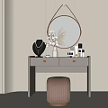 Modern White Dressing Table With Round Gold Frame Mirror Decorative Vases And Brown Striped Stool