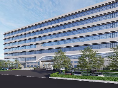 Modern Multi story Building With Glass Windows Parking Lot Featuring Cars Trees And Lawn 3d model