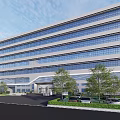 Modern Multi story Building With Glass Windows Parking Lot Featuring Cars Trees And Lawn