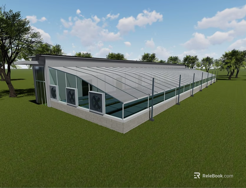 Modern Sports Fitness Facility With Glass Roof And Walls On Green Lawn Surrounding Trees 3d model 