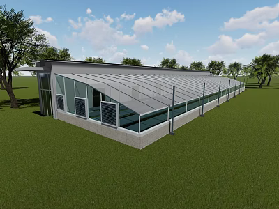 Modern Sports Fitness Facility With Glass Roof And Walls On Green Lawn Surrounding Trees 3d model