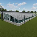 Modern Sports Fitness Facility With Glass Roof And Walls On Green Lawn Surrounding Trees