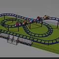 Spiral Amusement Roller Coaster with Blue Track and Colorful Cars on Green Lawn