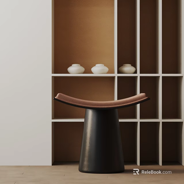 Side Table with Black Base Curved Brown Top and Grid Shelves Holding White Small Jars 3d model 