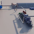 Industrial Factory Interior With Red Pipes Gray Containers Blue Machinery and Green Spheres