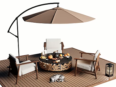 Outdoor Patio Round Wooden Table and Chairs with Curved Umbrella and Lantern 3d model