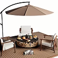 Outdoor Patio Round Wooden Table and Chairs with Curved Umbrella and Lantern