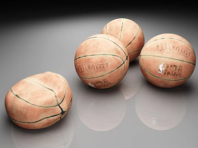 Four Old Wilson Basketballs With Worn Texture On Reflective Gray Surface 3d model