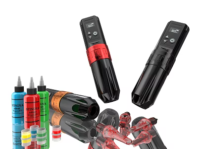 Professional Tattoo Tools Set With Various Color Ink Bottles Black Tattoo Pens And Transparent Parts 3d model