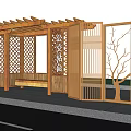 Green Station With Wooden Structure Bench Trees Mountains And Water Background