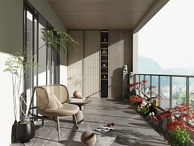 Cozy Home Balcony With Wicker Chair Potted Plants Large Windows And Mountain View 3d model