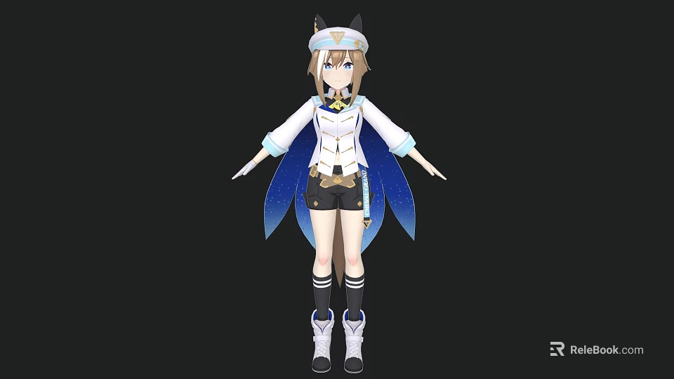 Anime Girl In White Top Blue Cape With Cat Ears Black Shorts Standing 3d model 