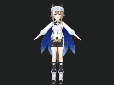 Anime Girl In White Top Blue Cape With Cat Ears Black Shorts Standing 3d model