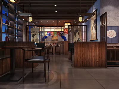 Japanese Restaurant Interior Featuring Wooden Tables Chairs Lanterns Screens And Traditional Decor 3d model