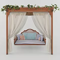 Wooden Swing Chair With Canopy Green Vines And Striped Cushions White Curtains