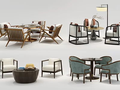 Modern Wooden Table And Chair Sets With Fabric Armchairs And Coffee Tables 3d model